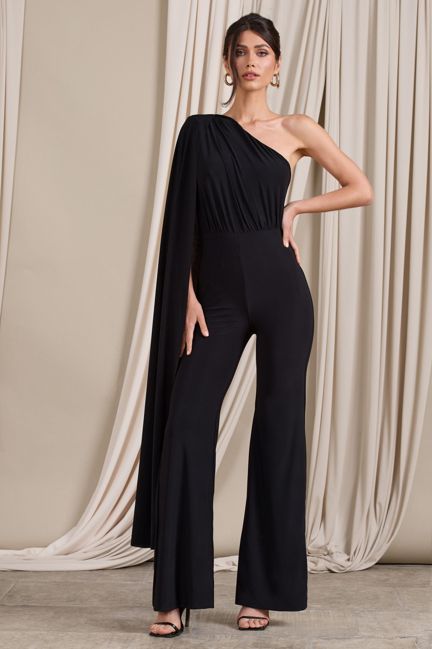 Aurora | Black One Shoulder Cape Sleeve Jumpsuit - Image 4