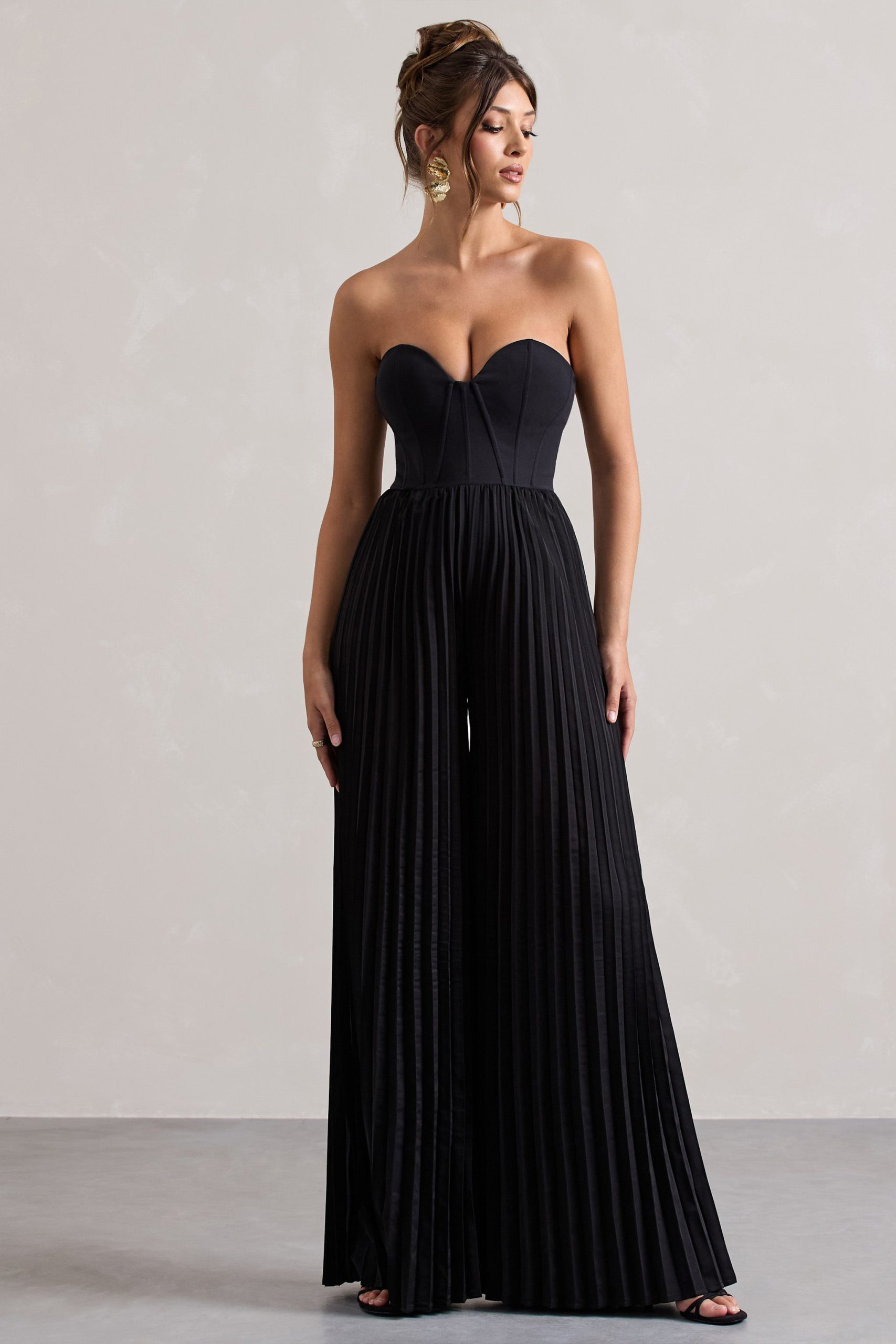 Lorelai | Black Corset Plisse Wide-Leg Jumpsuit - Image 4