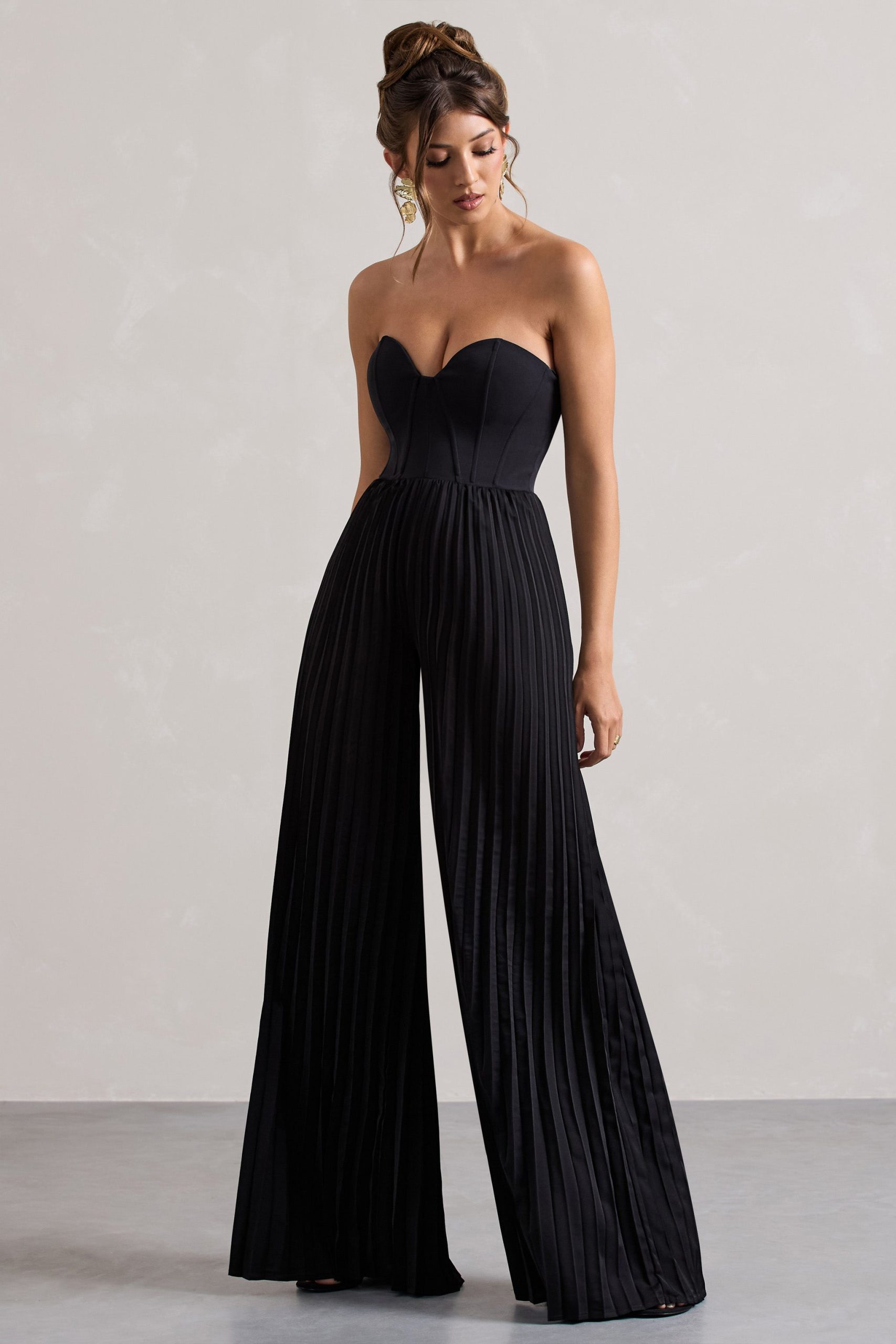 Lorelai | Black Corset Plisse Wide-Leg Jumpsuit - Image 5