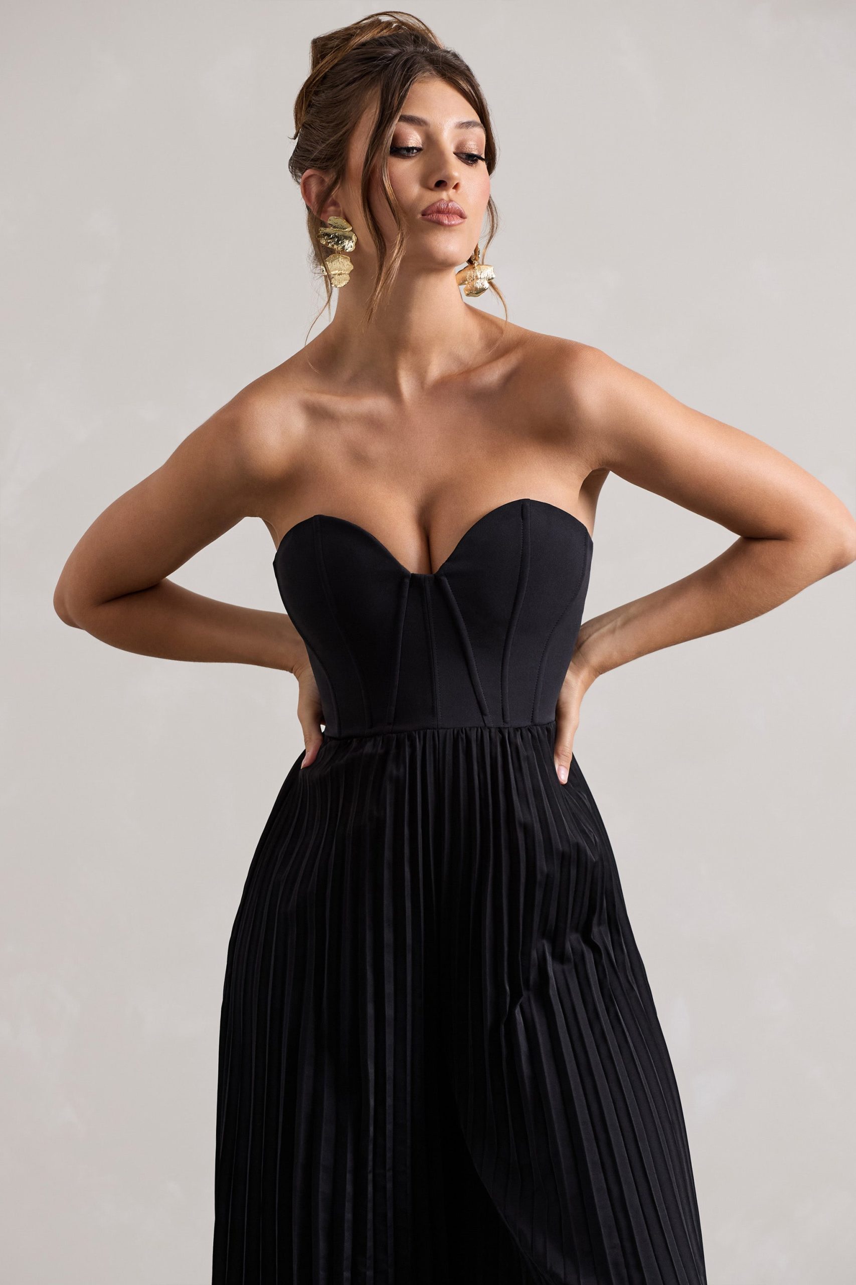 Lorelai | Black Corset Plisse Wide-Leg Jumpsuit - Image 3