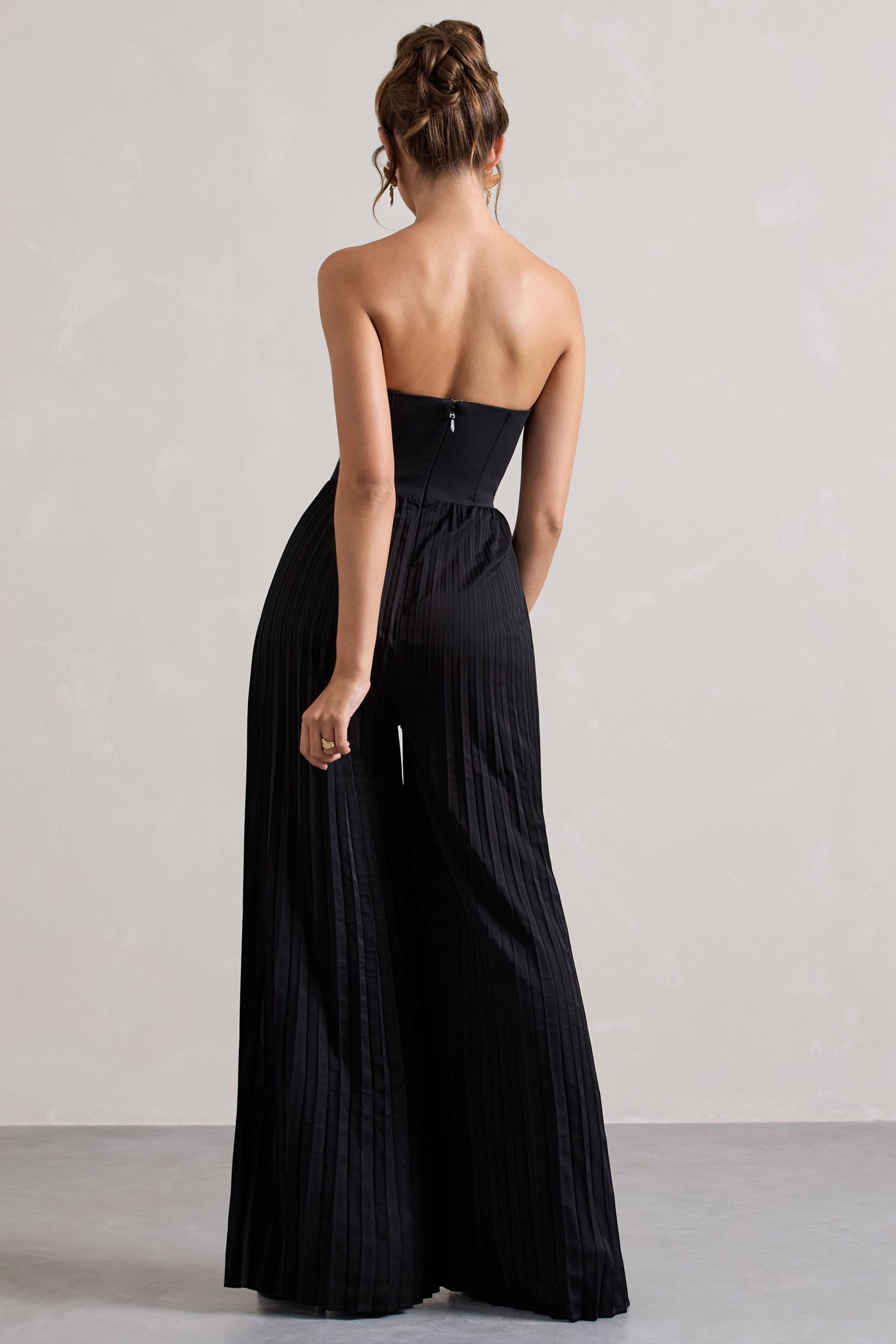 Lorelai | Black Corset Plisse Wide-Leg Jumpsuit - Image 2