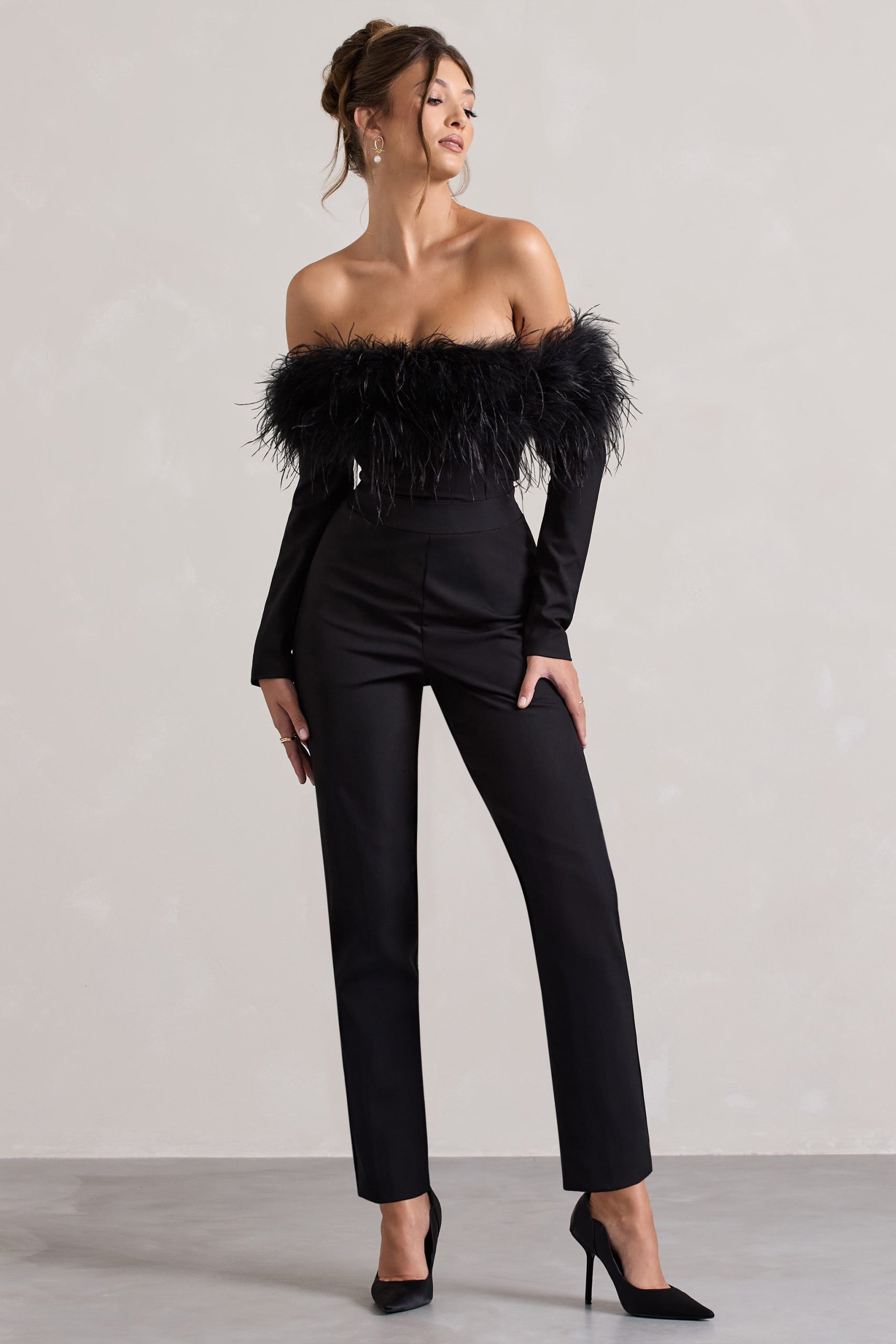 Ales | Black Bardot Tailored Straight-Leg Jumpsuit With Feather Trim - Image 4