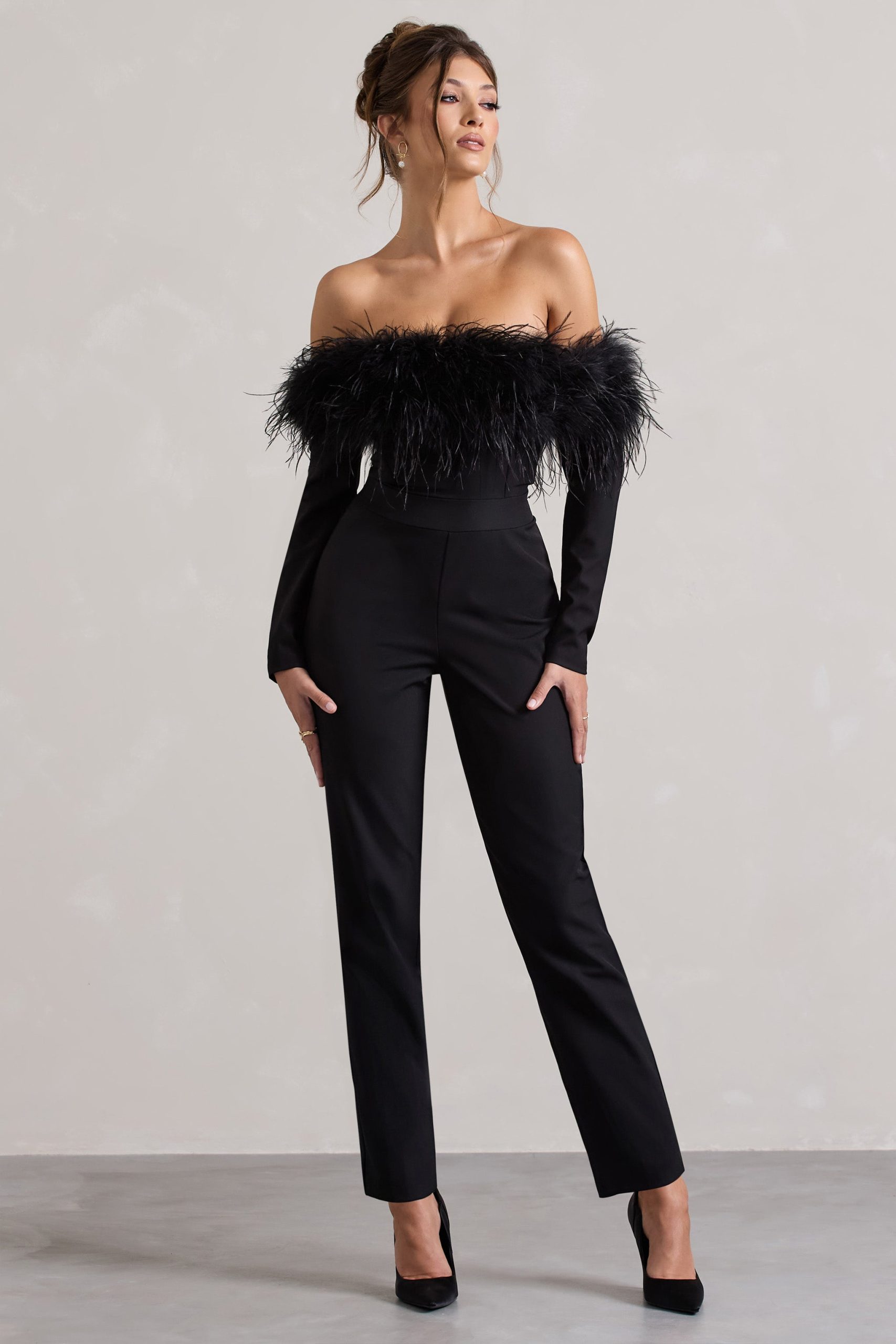Ales | Black Bardot Tailored Straight-Leg Jumpsuit With Feather Trim - Image 5