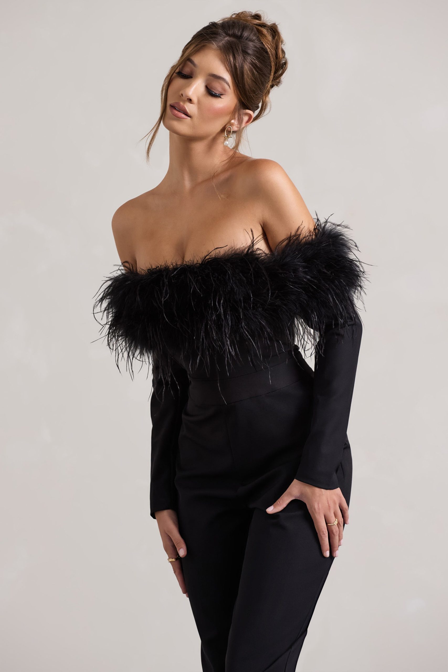 Ales | Black Bardot Tailored Straight-Leg Jumpsuit With Feather Trim - Image 3
