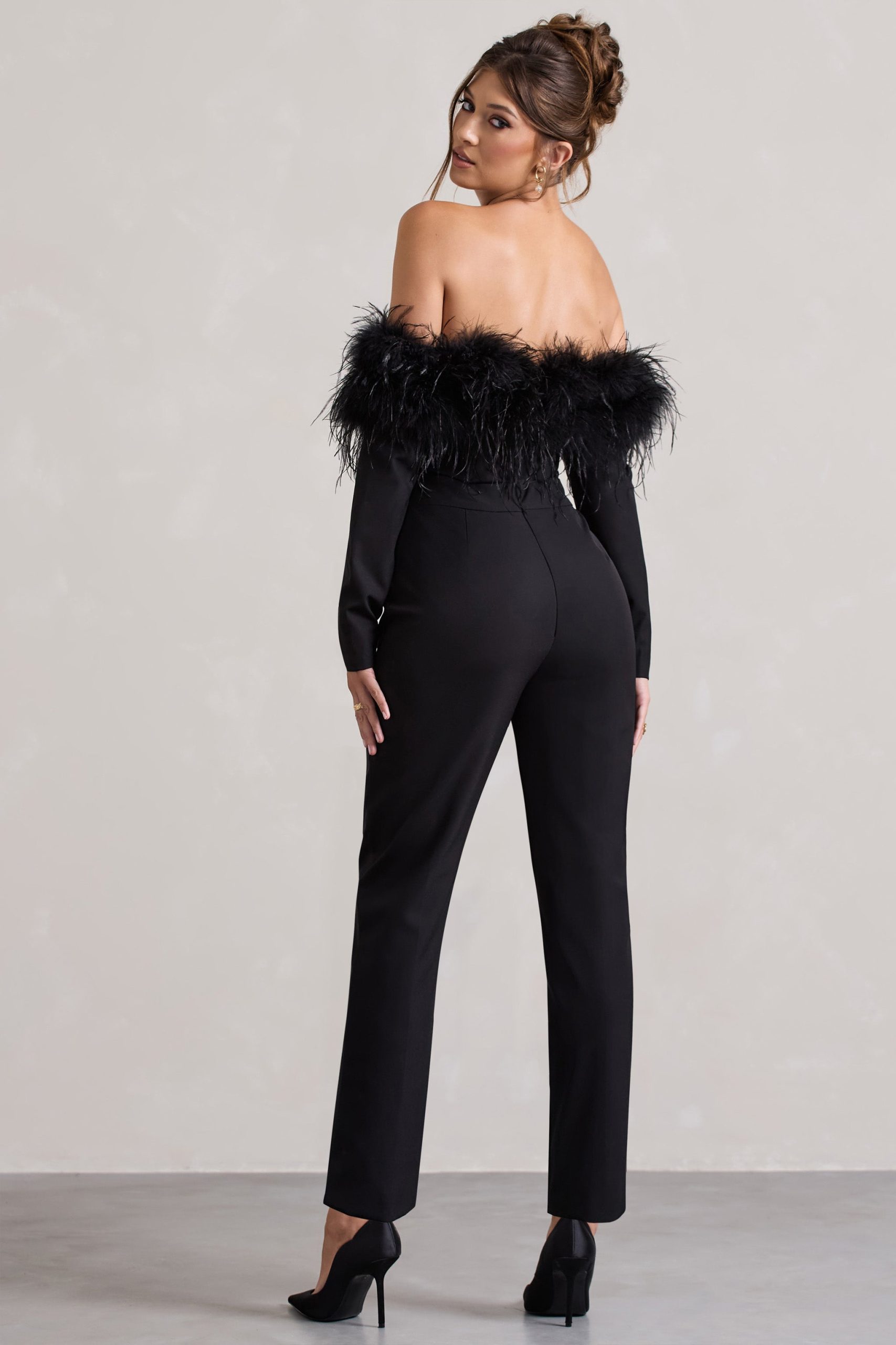 Ales | Black Bardot Tailored Straight-Leg Jumpsuit With Feather Trim - Image 2