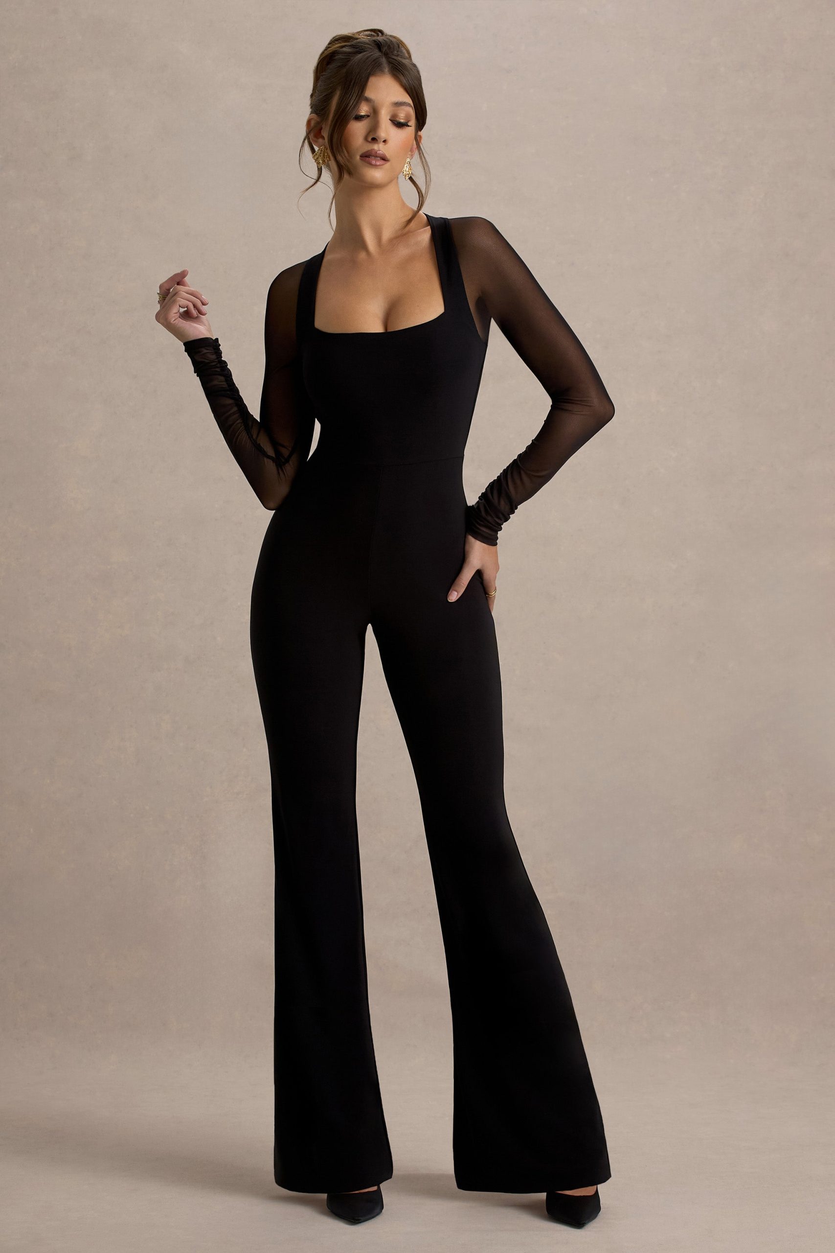 On Track | Black Flared-Leg Jumpsuit With Sheer Sleeves - Image 5