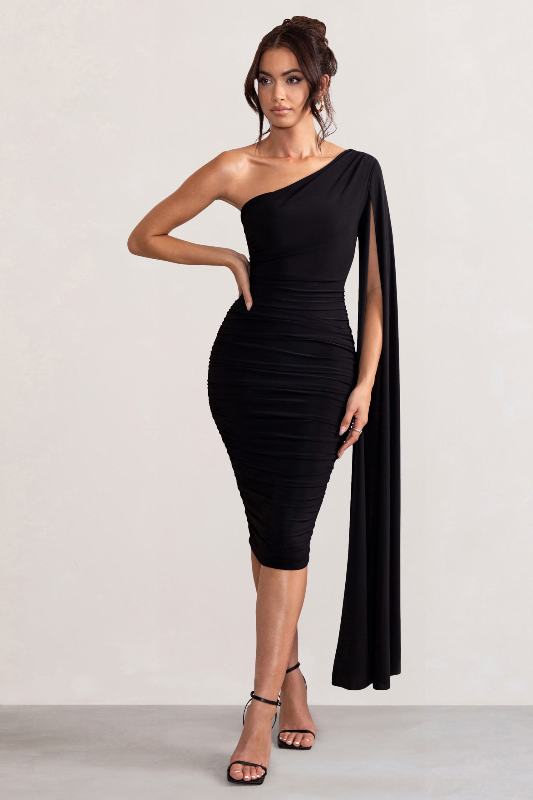 Yara | Black One Shoulder Cape Ruched Midi Dress - Image 4