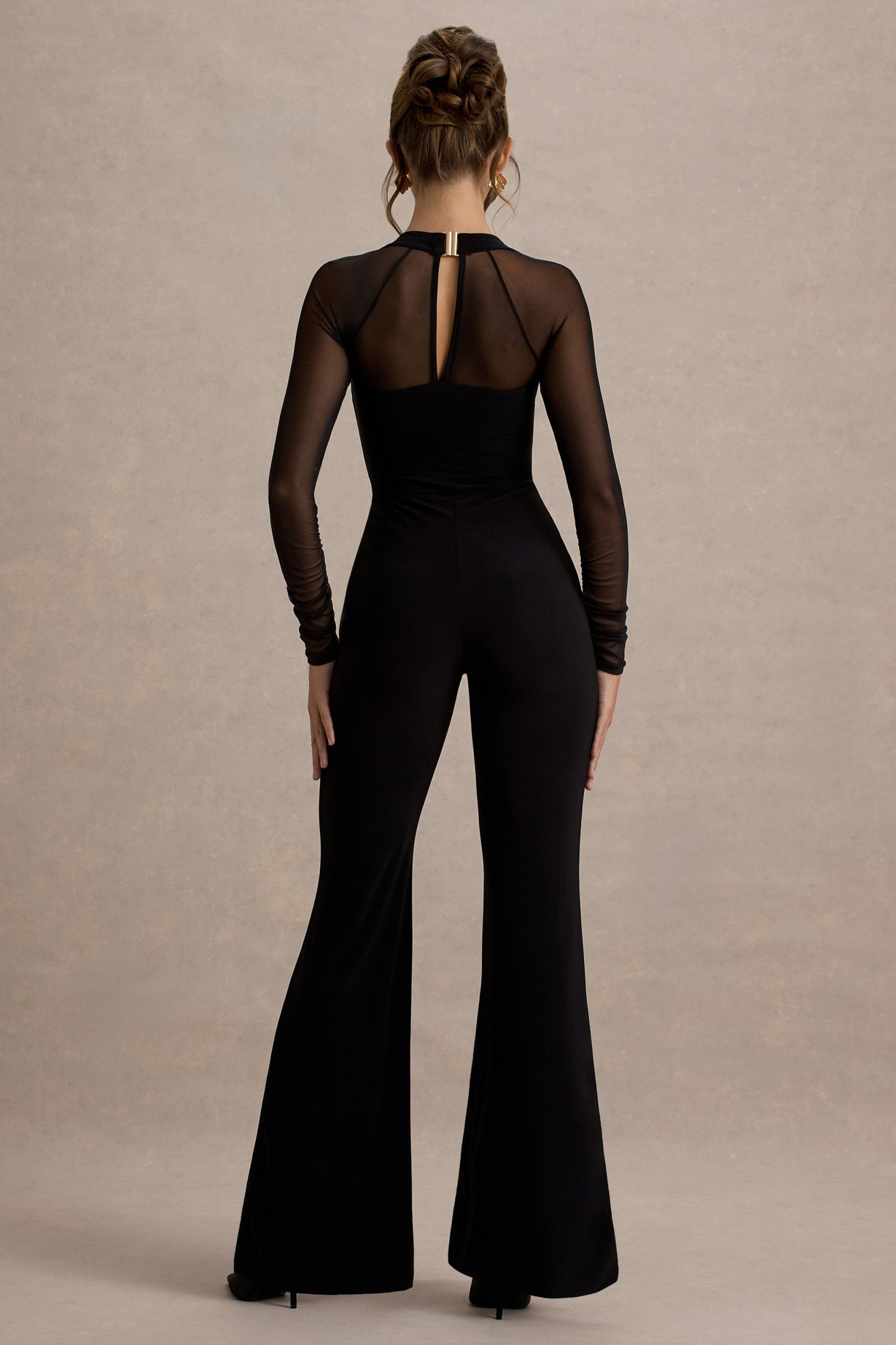 On Track | Black Flared-Leg Jumpsuit With Sheer Sleeves - Image 2