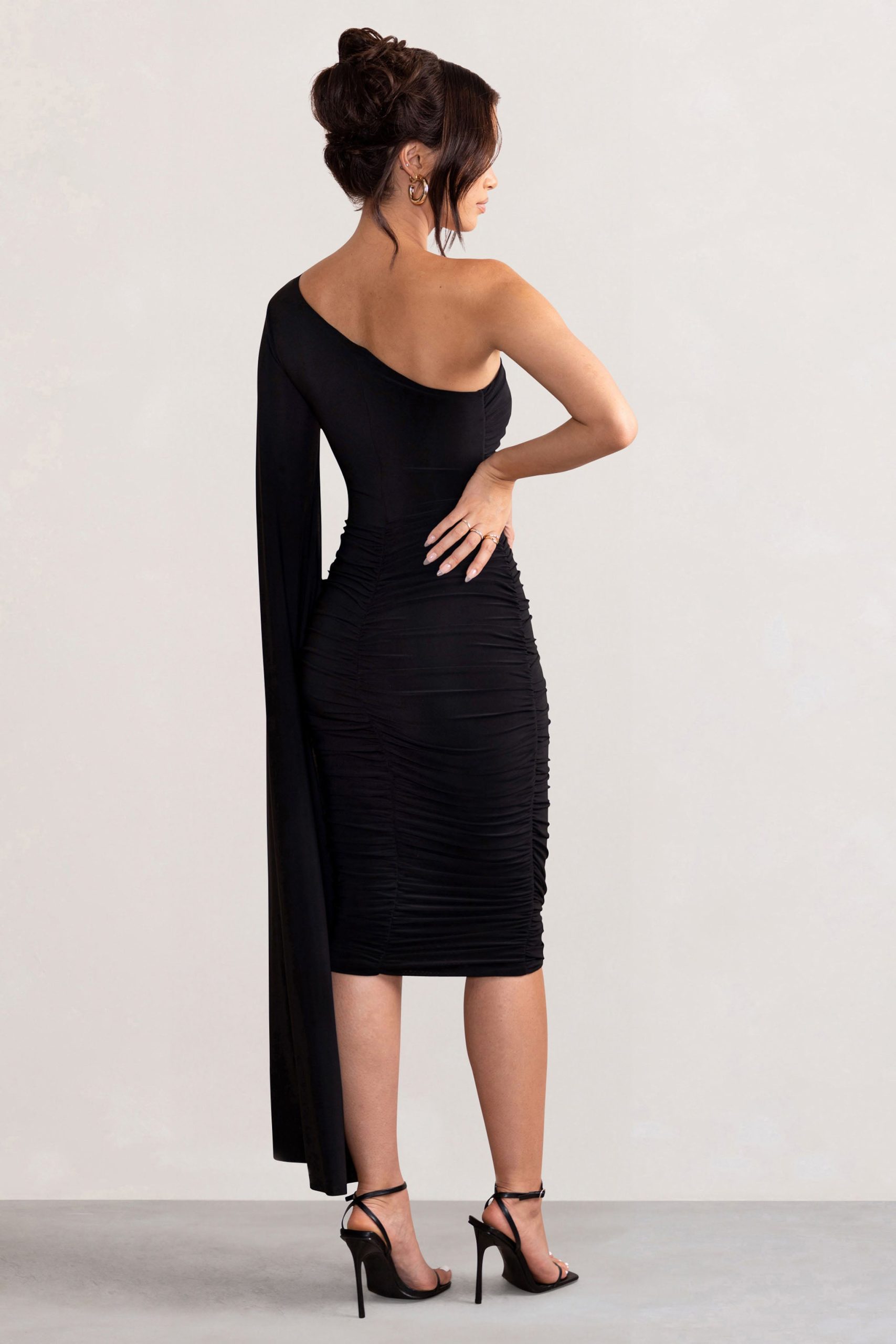 Yara | Black One Shoulder Cape Ruched Midi Dress - Image 2