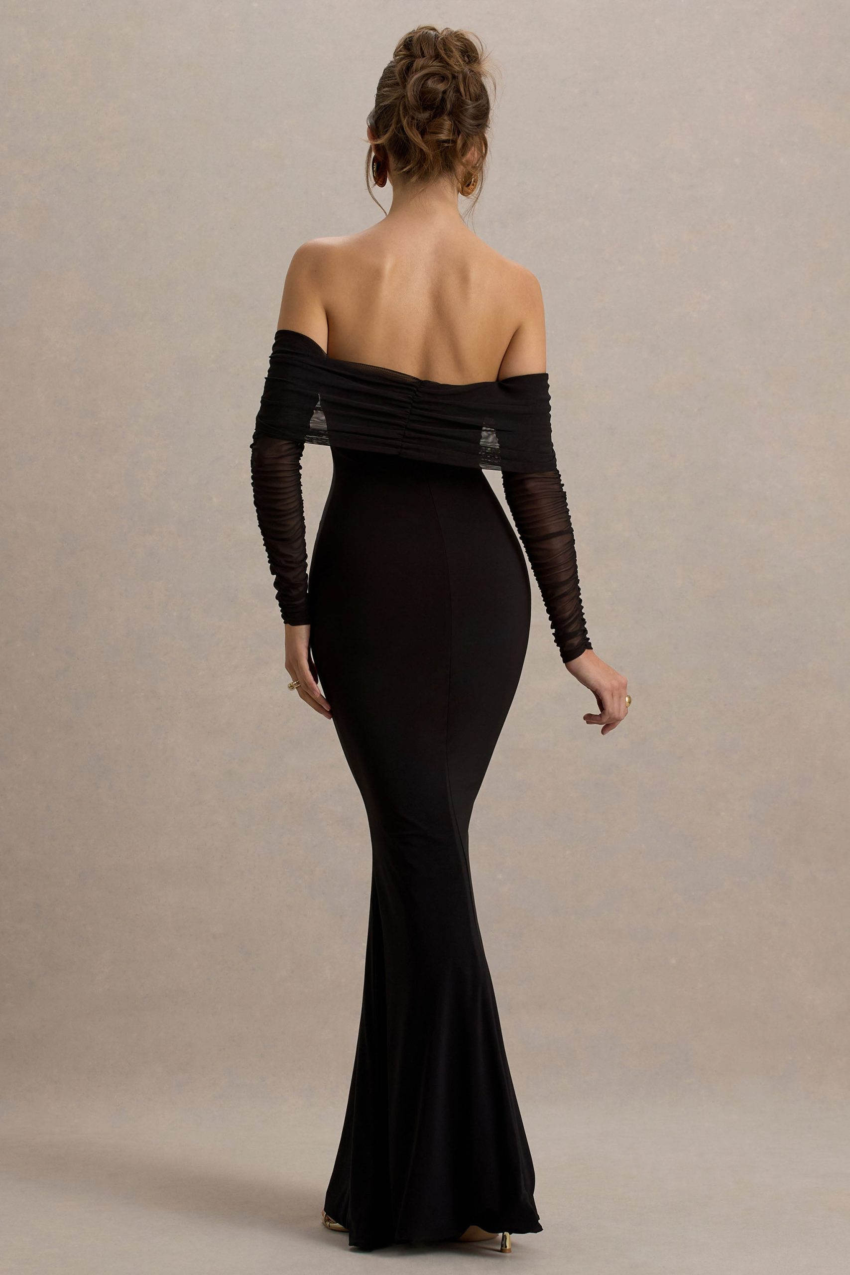 Madeleine | Black Fishtail Maxi Dress With Bardot Mesh Long Sleeves - Image 2